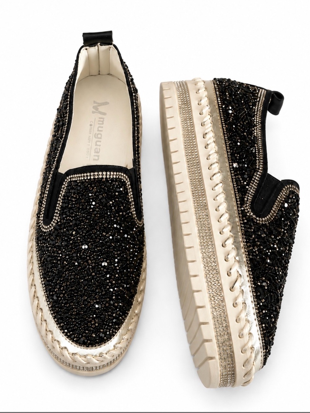 MUGUEN Black Glitter Embellished Slip-On Loafers Size 7-7.5